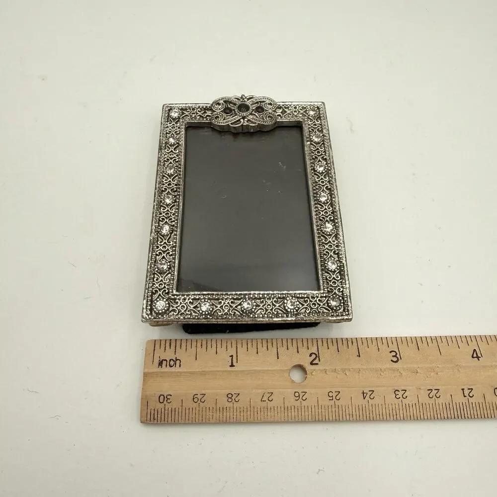 Vtg Silver Tone Small Picture Frame 2.5” x 3” Scrollwork Rhinestone Art Deco EUC